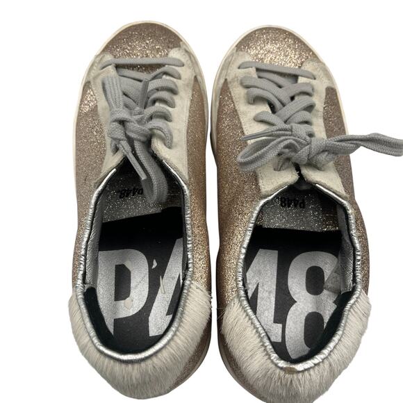 P448 Glitter Calf Hair Heel Tab Low Top Sneakers Shoes Gold Size 38 US 7.5-8 - Picture 7 of 9